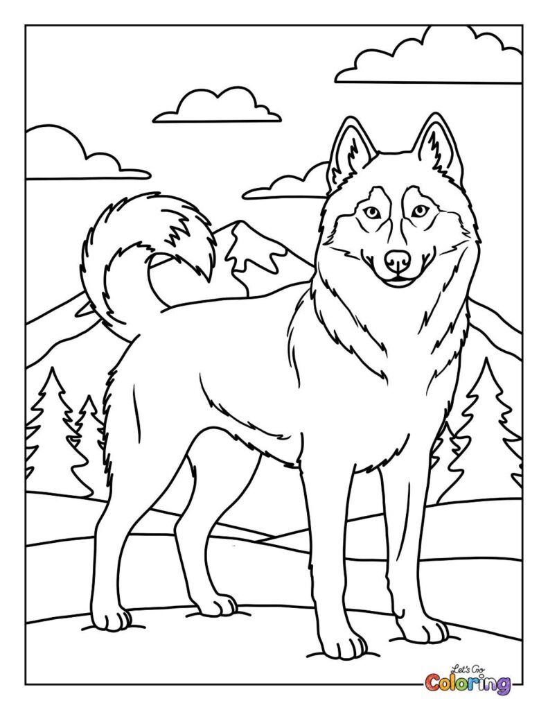 Printable coloring page of a majestic husky standing in a scenic landscape