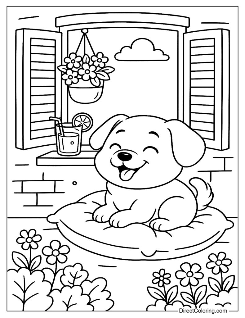 Cheerful dog sitting on a cushion by the window with flowers and a drink