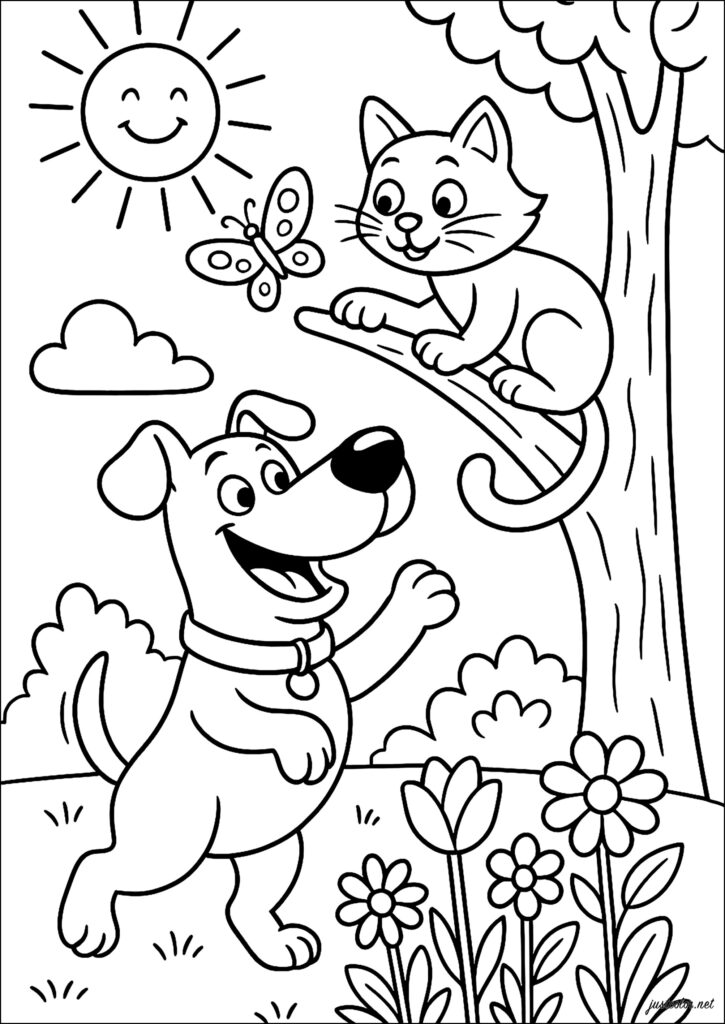 Dogs and Cats Coloring Page – Fun for Kids Coloring page of a dog and a cat playing in a sunny garden