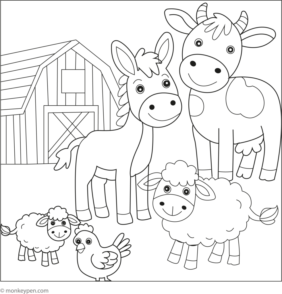 Printable colouring page featuring a donkey with farm animal friends