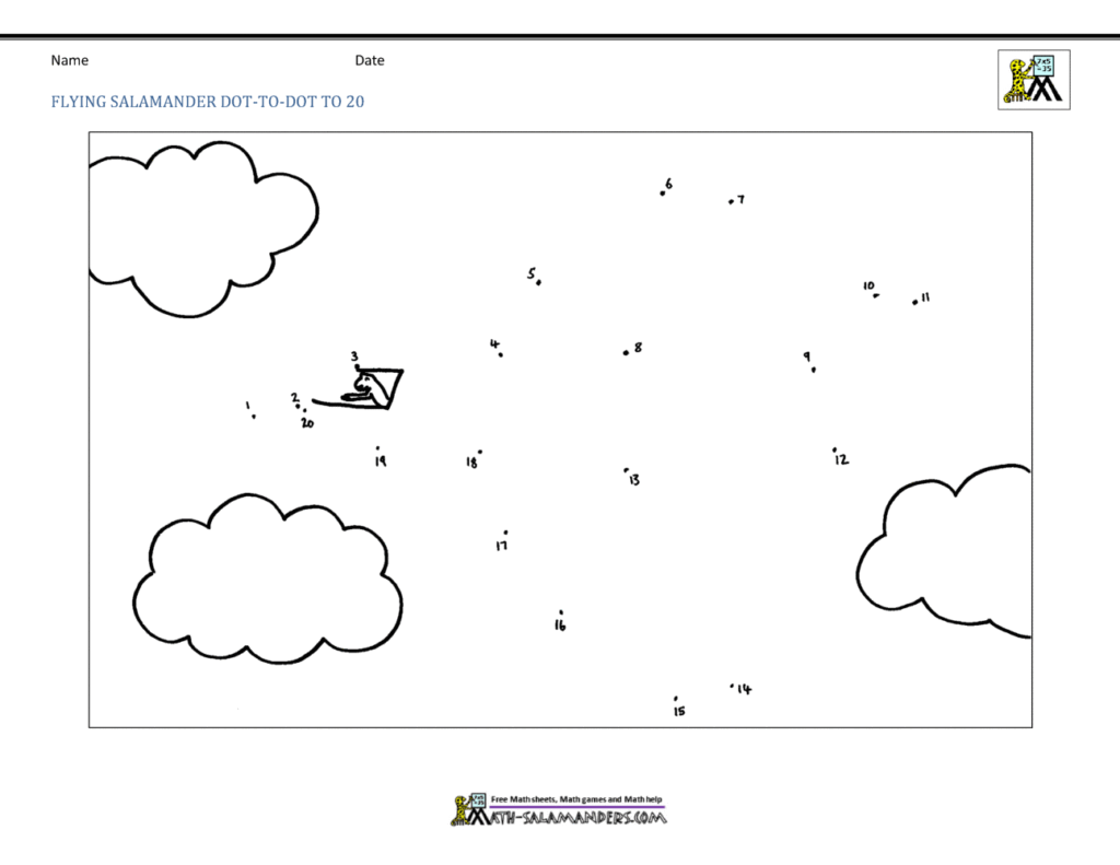 Dot To Dot Coloring Pages for Creative Kids Interactive dot to dot coloring page featuring a flying salamander in the clouds