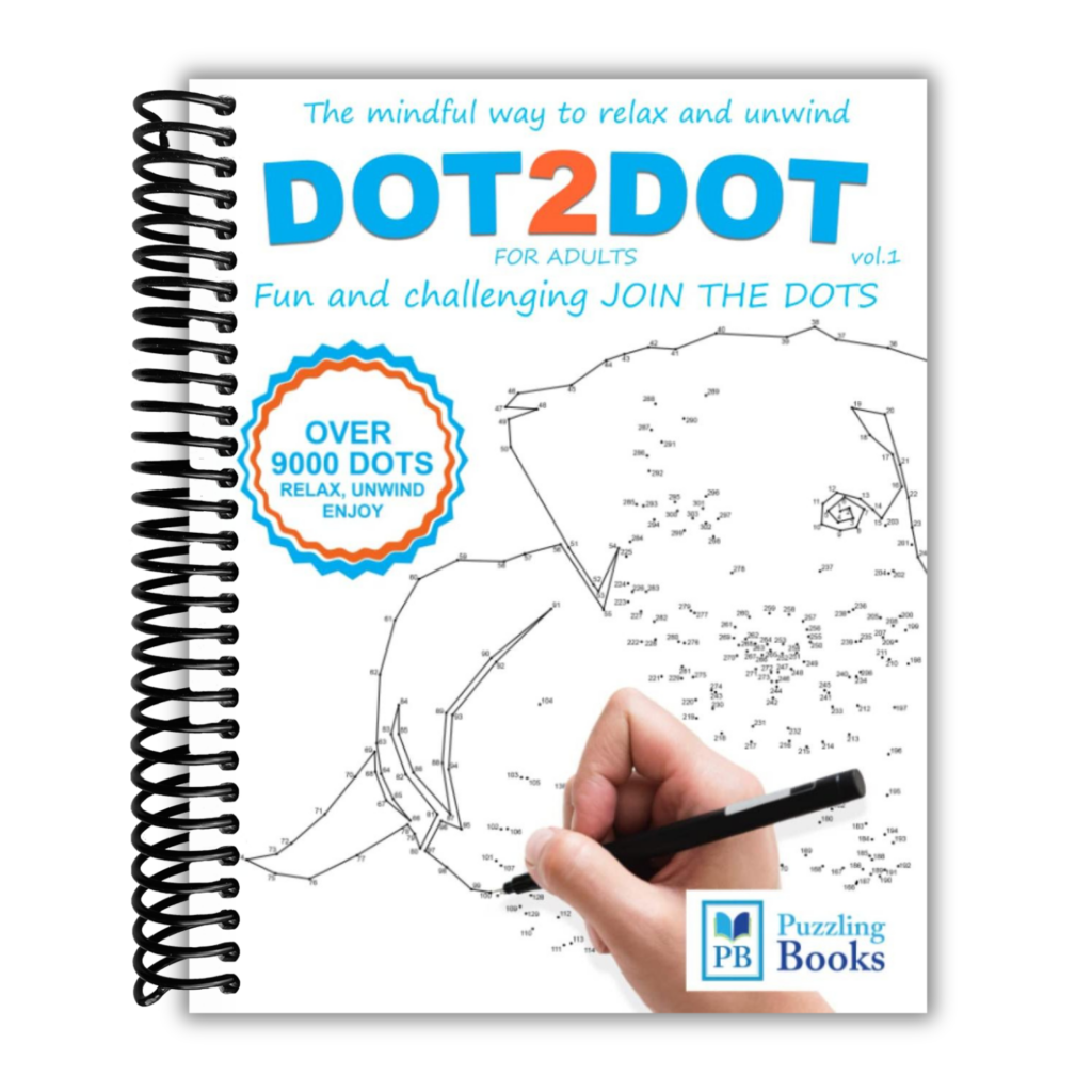 Dot To Dot For Adults – Fun and Challenging Puzzle Book Cover of a Dot To Dot For Adults book featuring a hand completing a dot puzzle