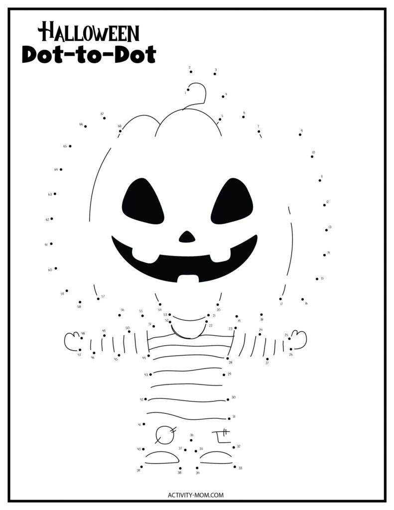 Fun Halloween dot to dot printable free featuring a smiling pumpkin character