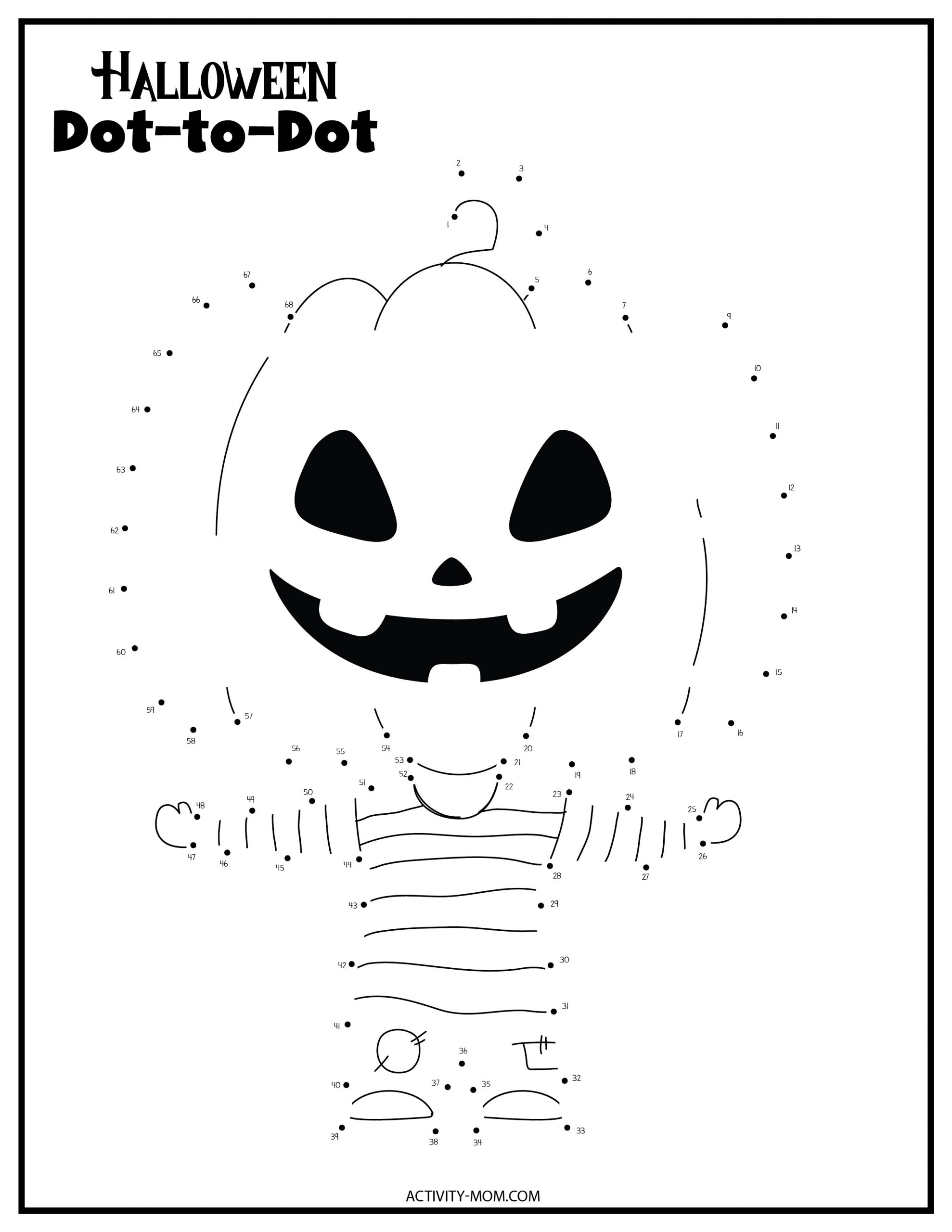 Fun Halloween dot to dot printable free featuring a smiling pumpkin character