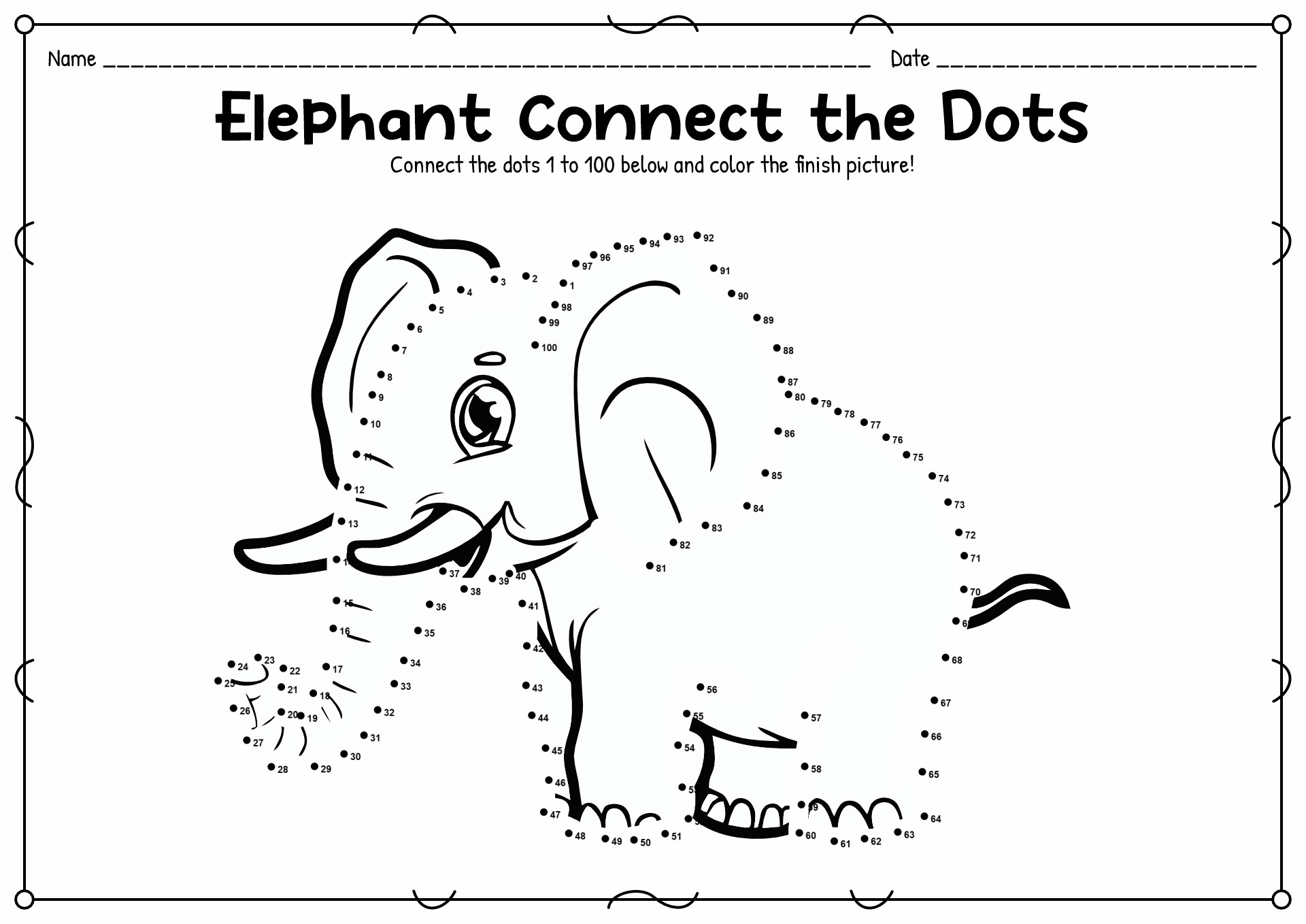 Free Dot To Dot Printables 1 200 featuring an elephant to connect the dots and color