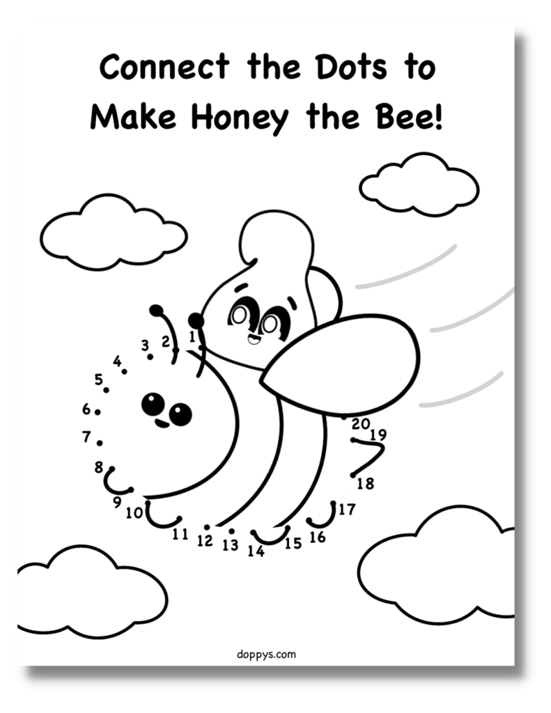 Dot to dot printable showing Honey the Bee flying with a smiling character