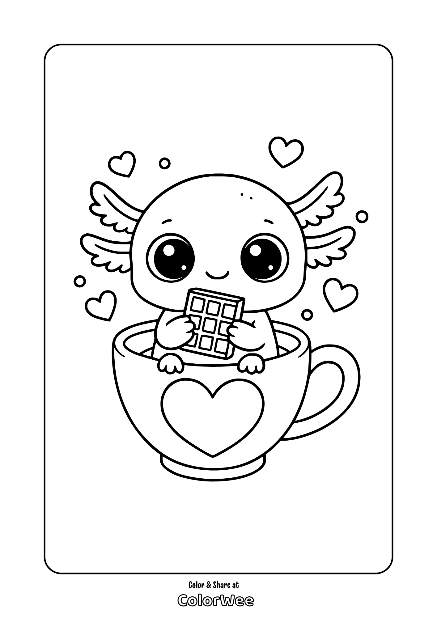 Draw So Cute Coloring Pages - Cute kawaii axolotl holding chocolate in a heart cup coloring page for kids