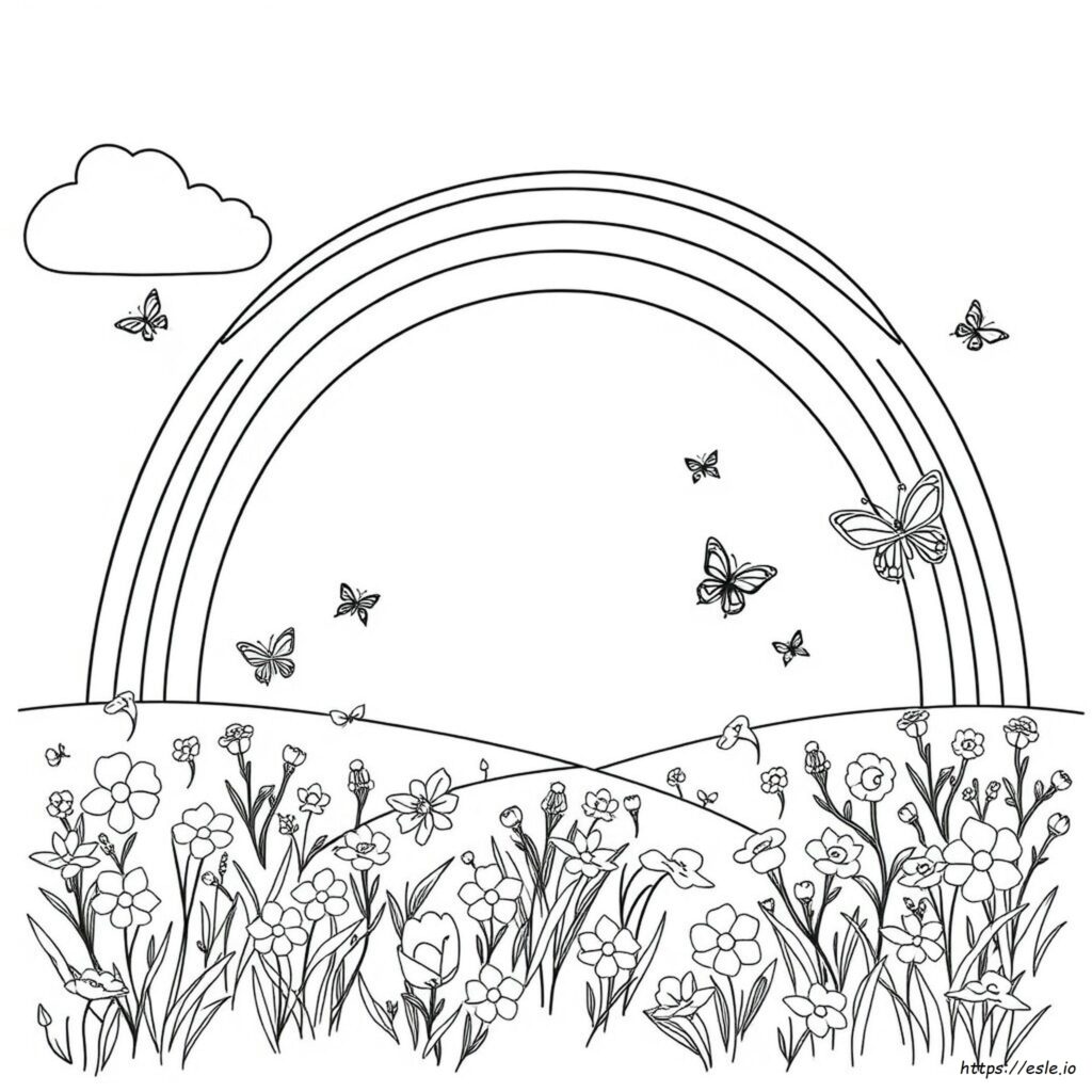 Draw So Cute Rainbow High Coloring Page Coloring page featuring a rainbow and flowers with butterflies
