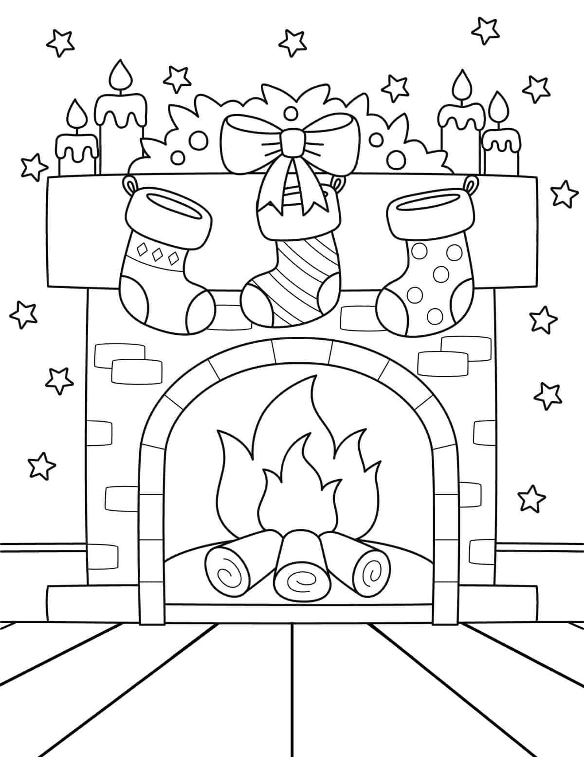 Easy Christmas Coloring Pages Free - Free printable Christmas stocking coloring page featuring stockings on a fireplace