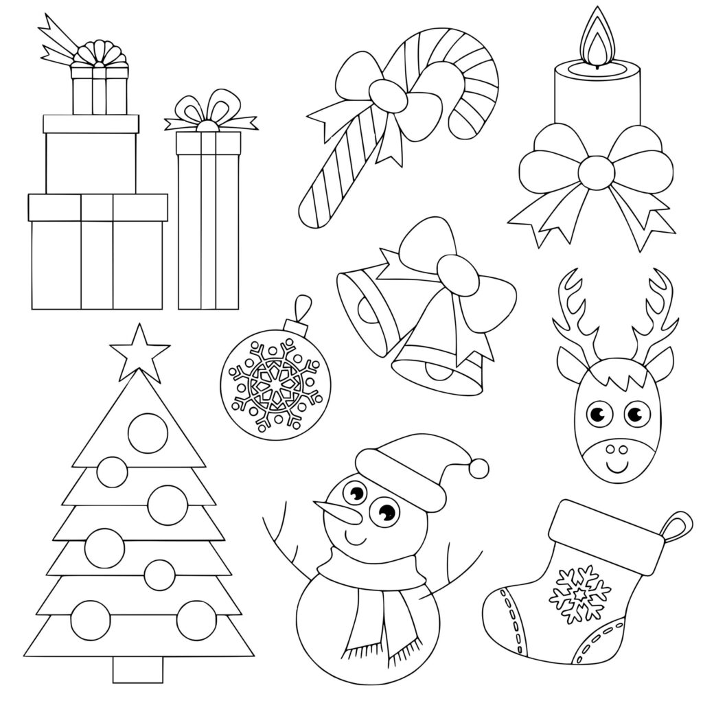 Coloring page featuring Christmas icons like gifts, candy canes, and a snowman for preschool kids