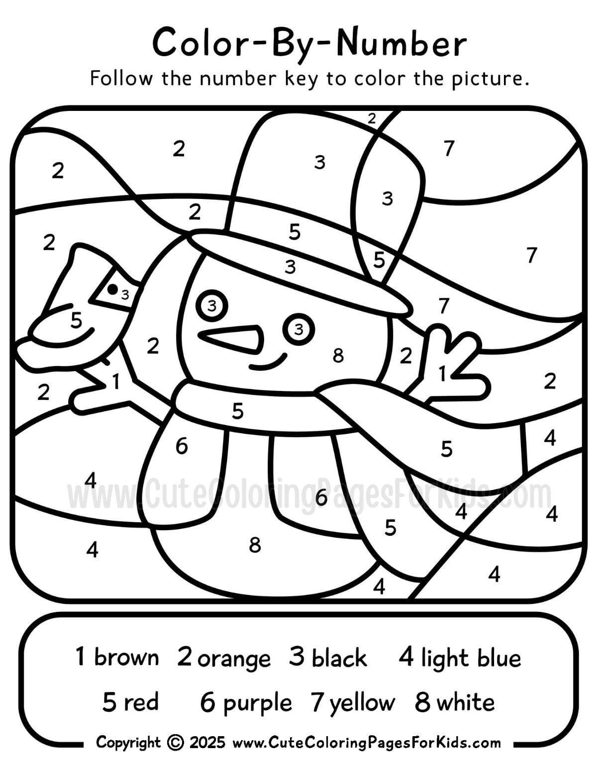 Easy Color By Number Printables - Fun snowman color by number printable featuring a winter scene