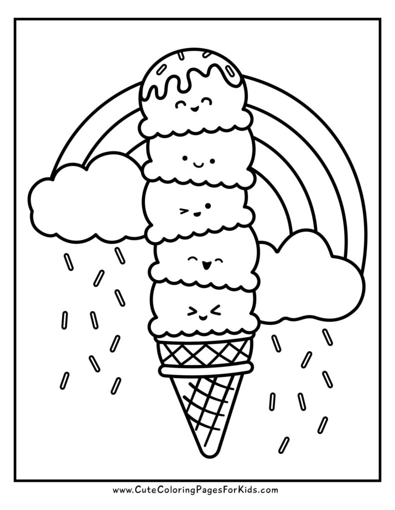 Free printable Easy Coloring Pages For Teens featuring an ice cream cone and rainbow