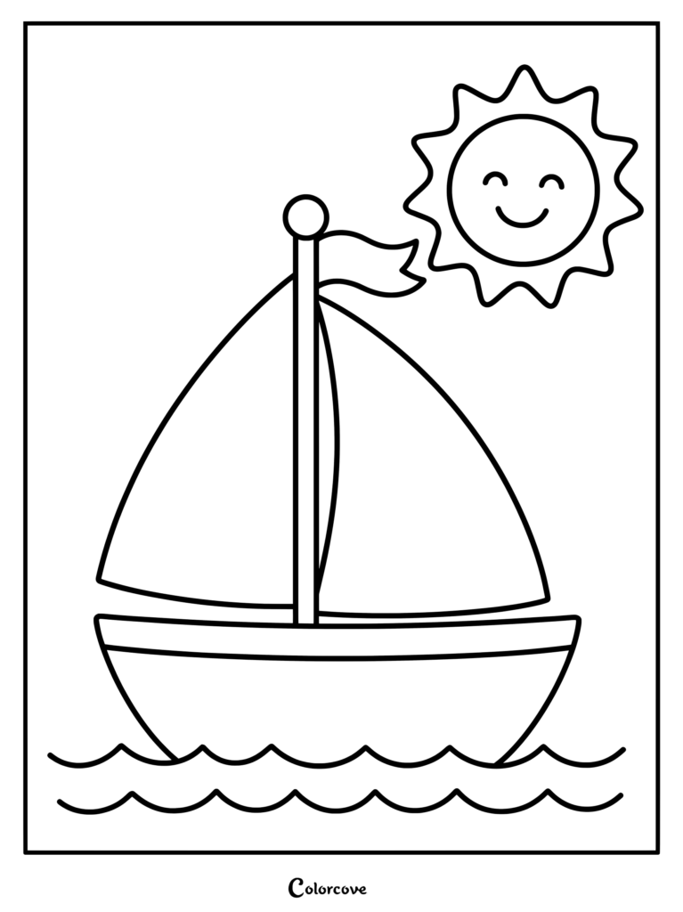 Free printable easy coloring sheets for kids featuring a sailboat and a smiling sun
