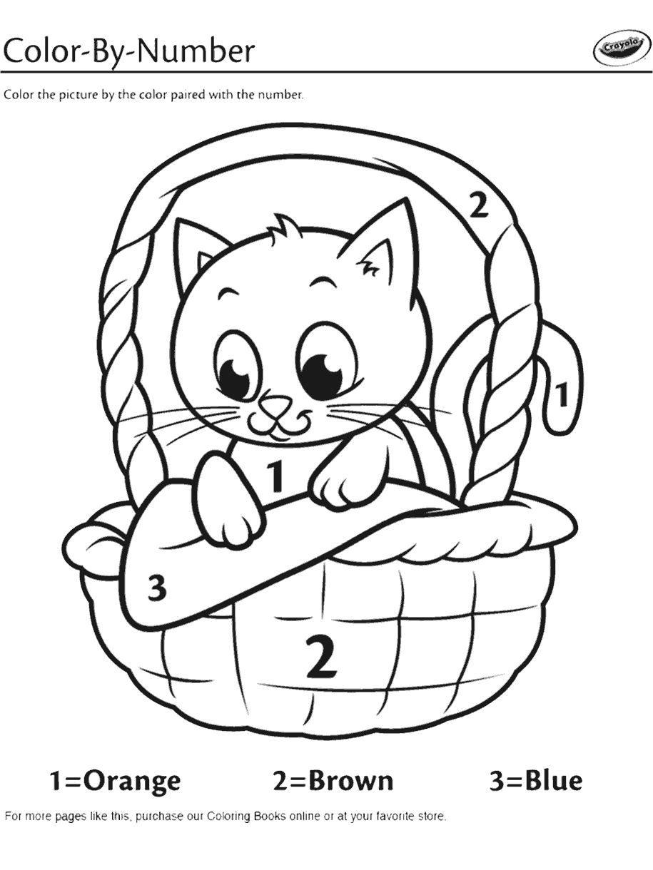 Free printable Easy Colour By Numbers Printables featuring a cat in a basket with color codes