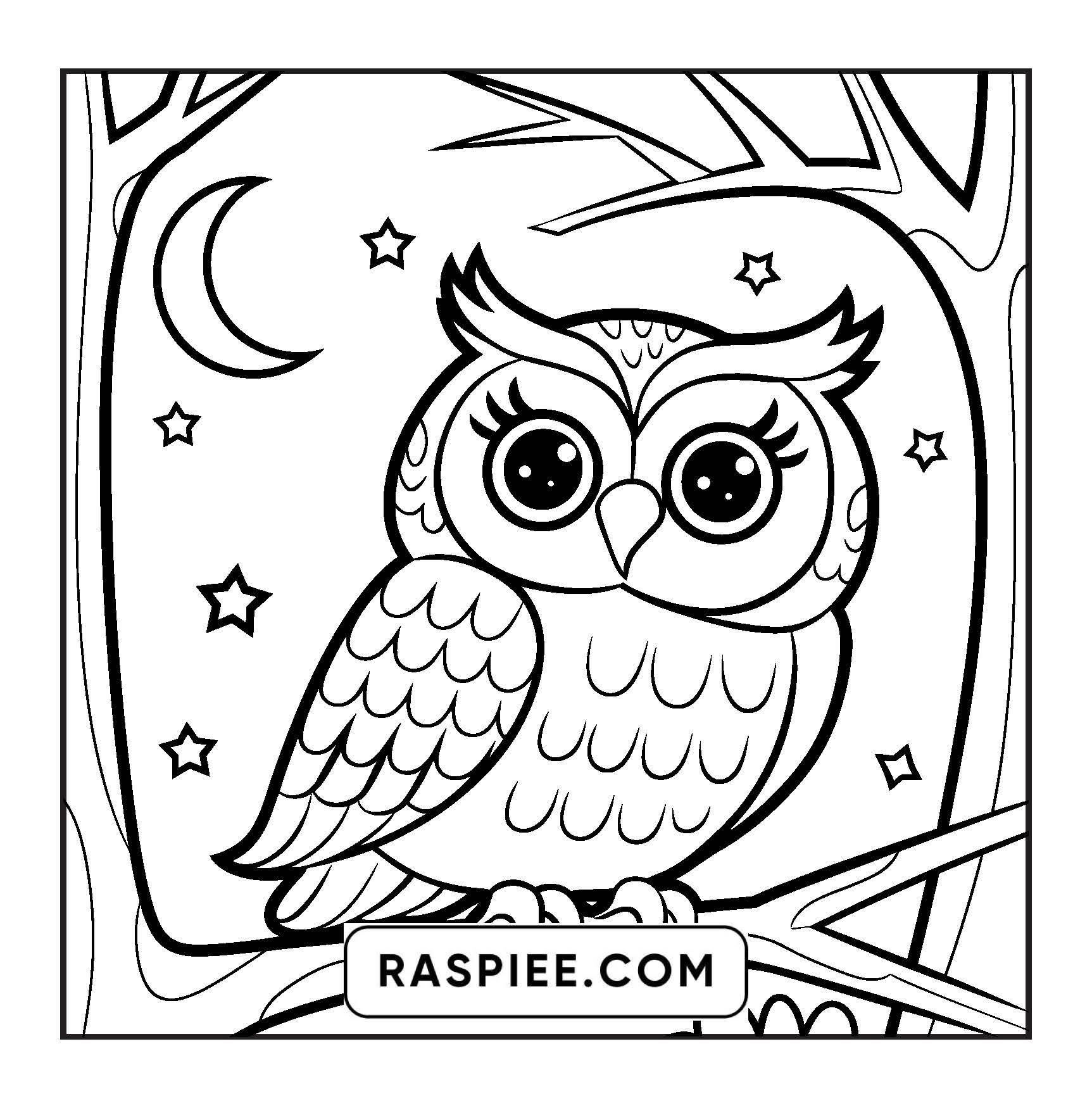 Free printable easy cute animal coloring pages featuring an adorable owl in a night scene