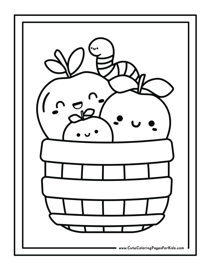 Easy Cute Things To Color: Fruit Basket Coloring Page Easy Cute Things To Color - Printable coloring page featuring a cute fruit basket with smiling apples and a worm