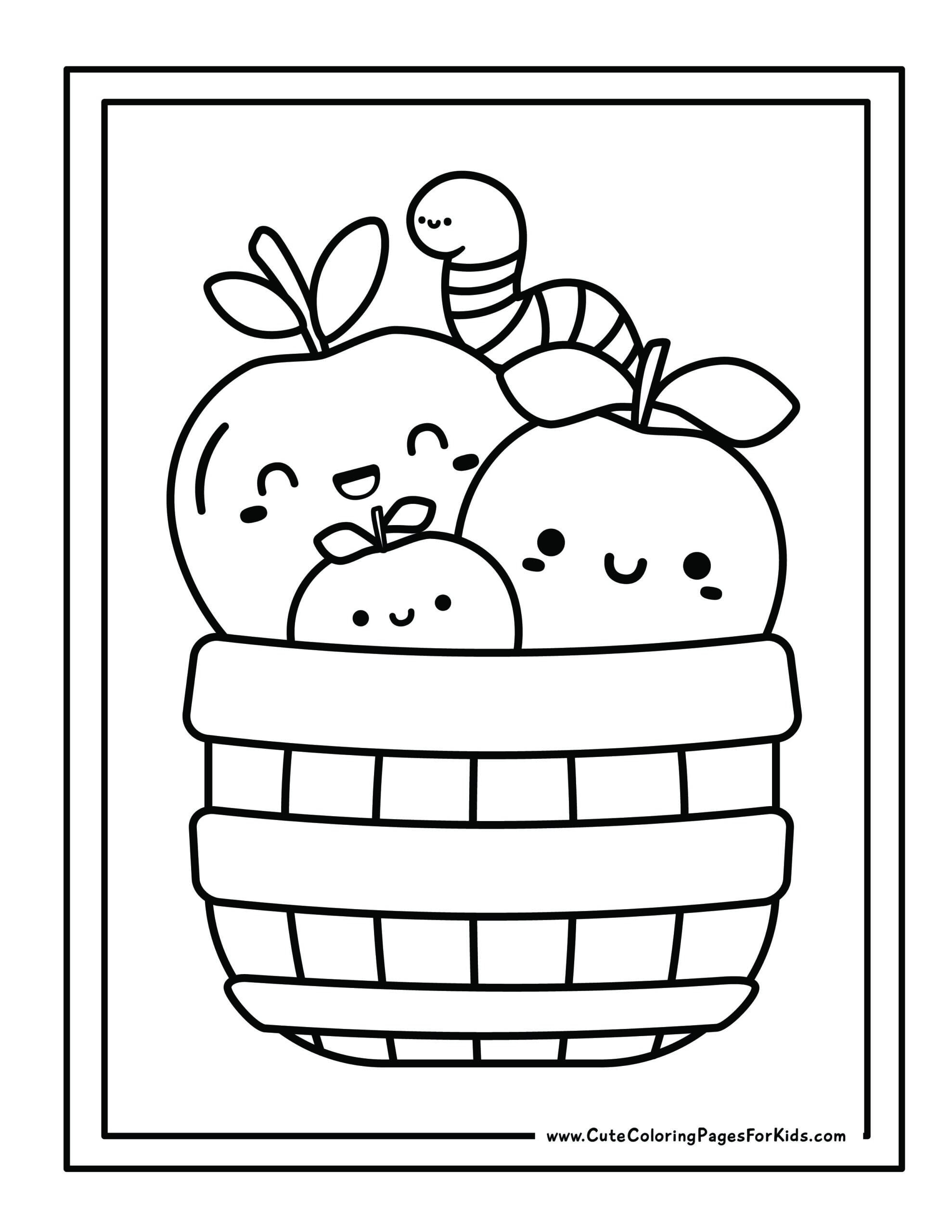 Easy Cute Things To Color - Printable coloring page featuring a cute fruit basket with smiling apples and a worm