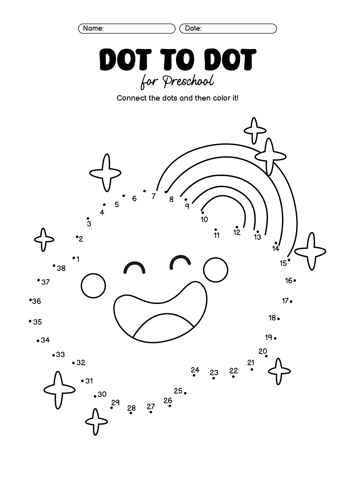 Fun and engaging Easy Dot To Dot Worksheets for preschoolers featuring a smiling cloud and stars