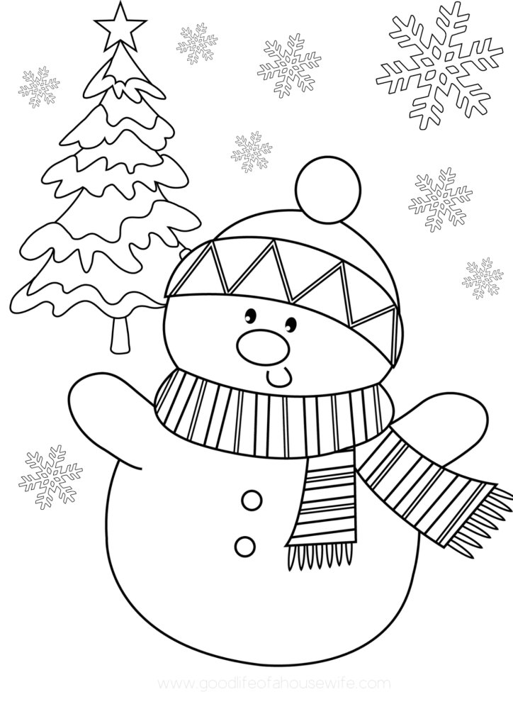 Cute snowman with a scarf and a Christmas tree in a snowy scene for Easy Kindergarten Christmas Coloring Pages