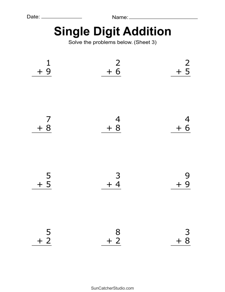 Printable addition worksheet featuring easy math problems for kindergarteners to solve