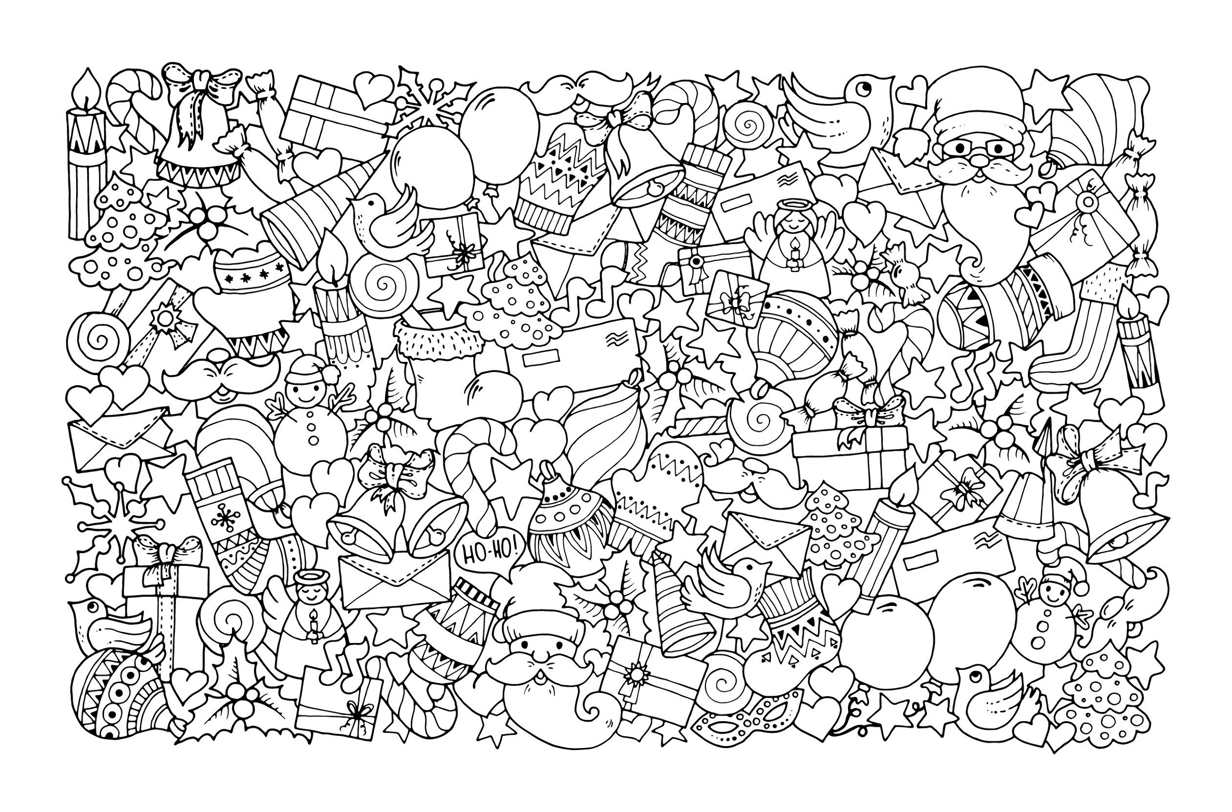 Intricate festive design featuring Santa, gifts, and holiday decorations for easy printable colouring pages for adults