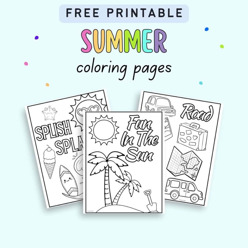 Three easy summer coloring pages showcasing fun themes like the sun, palm trees, and ice cream