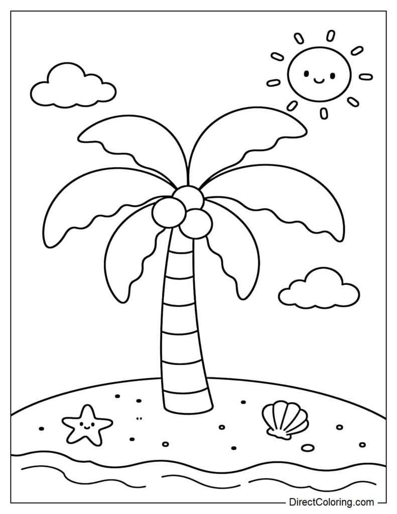 Easy Summer Coloring Pages Printable featuring a palm tree, sun, and beach elements for kids to color