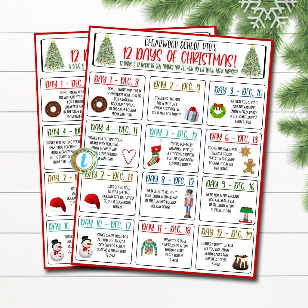 Editable christmas holiday appreciation flyer teacher 12 days etsy ...