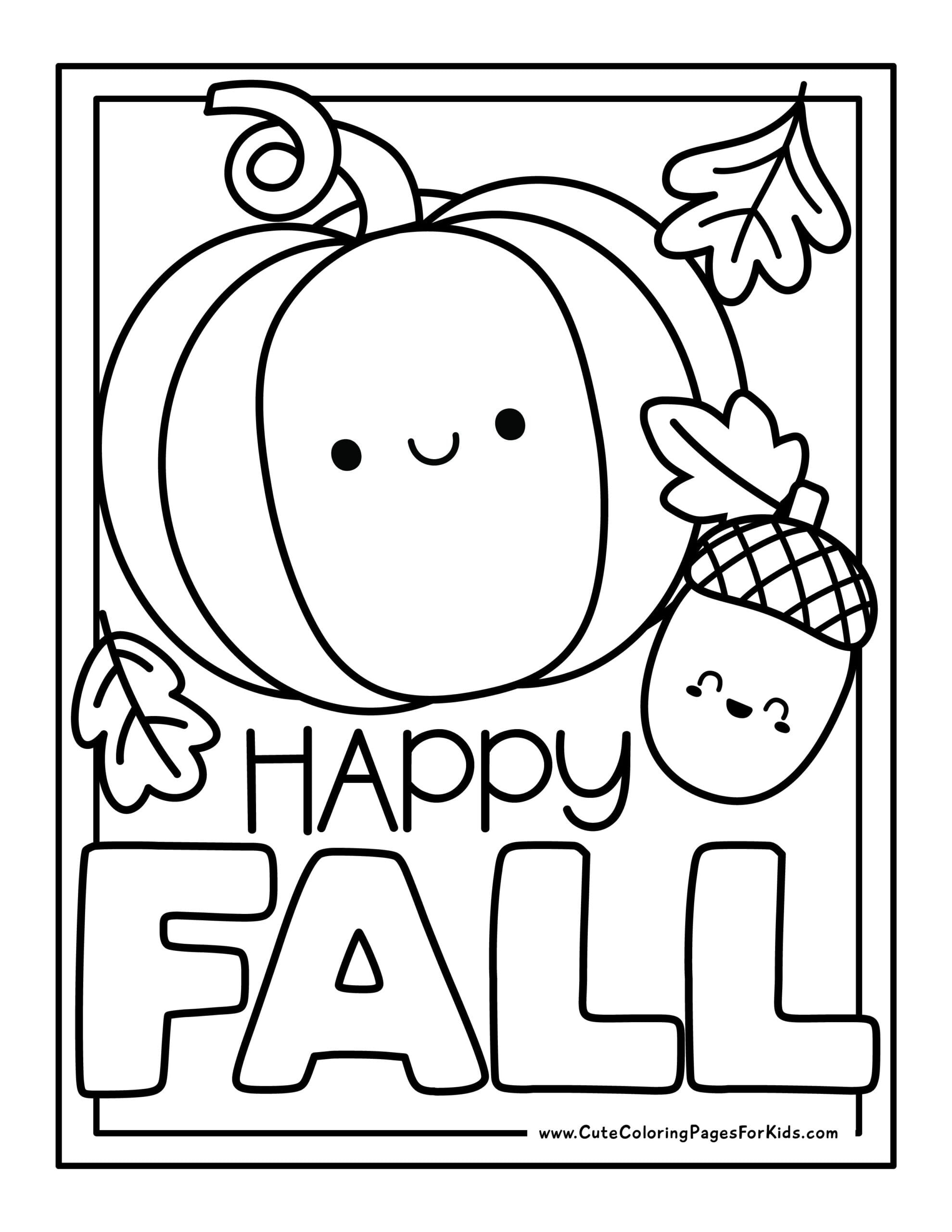 Educational Coloring Sheets For Kindergarten - Fun Happy Fall coloring sheet featuring a pumpkin and acorn for kids to color