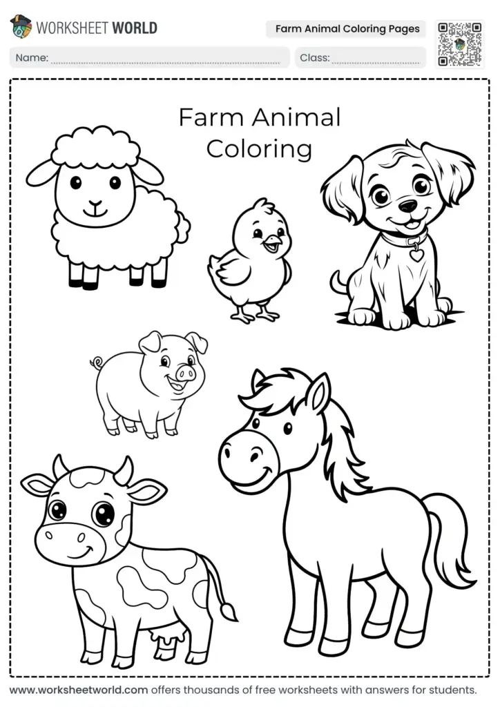 Collection of farm animals including a sheep, chicken, pig, dog, horse, and cow for coloring