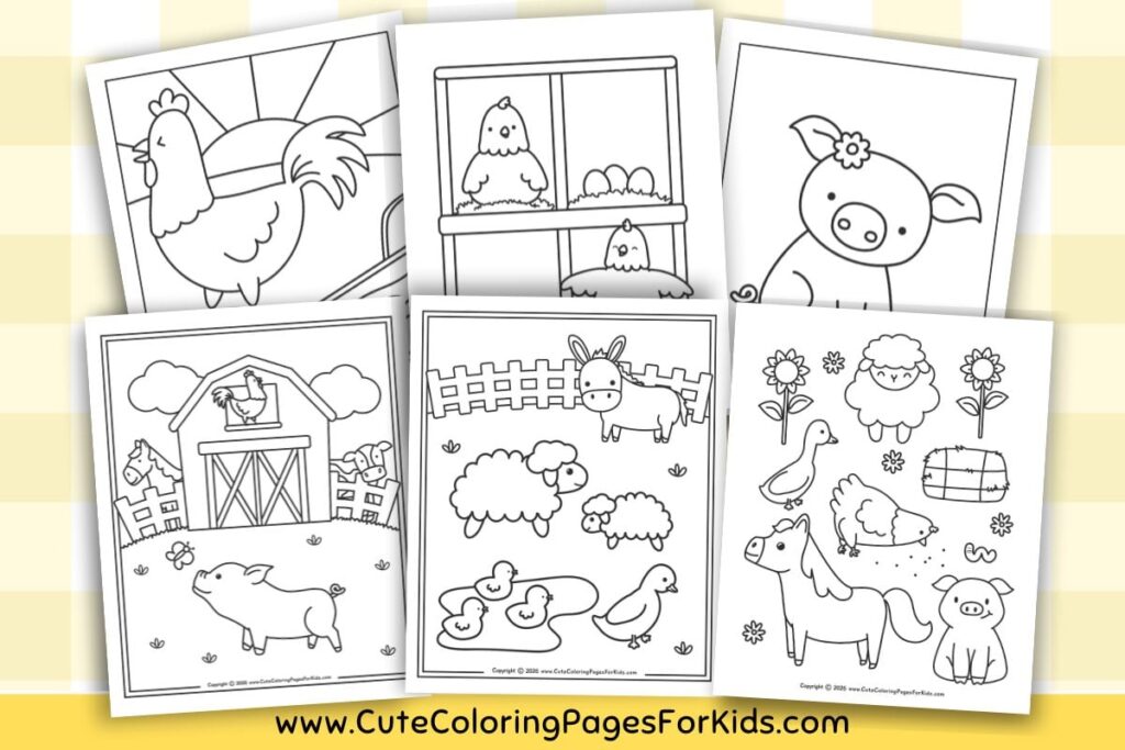 Coloring pages featuring a barn, chicken, pig, and other farm animals