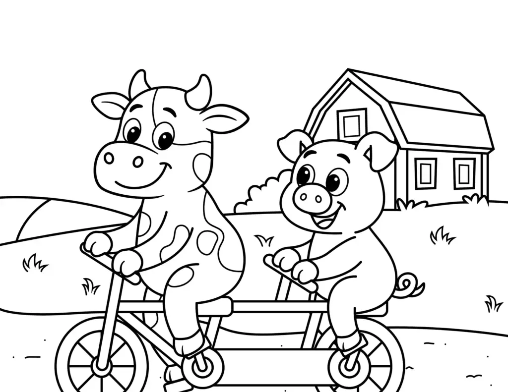 Cute cow and pig riding bicycles in a farm setting