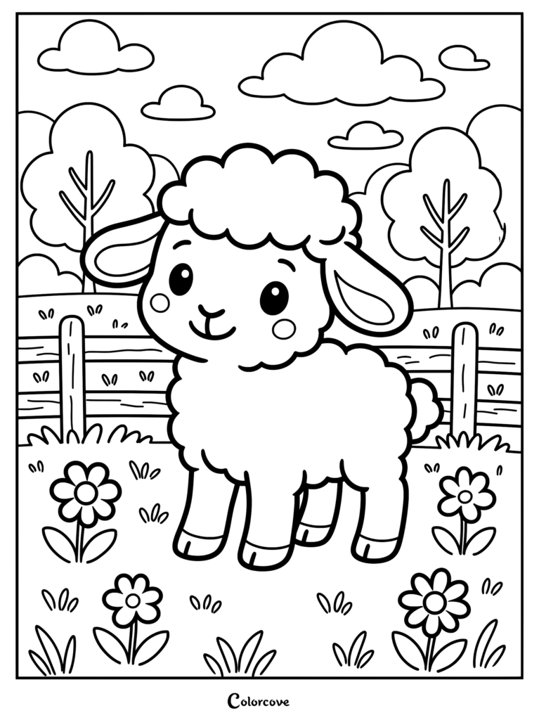 Adorable lamb standing in a field of flowers, ready to be colored