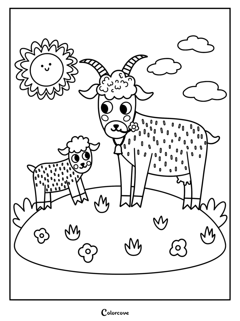 Farm Animal Coloring Pages – Goat and Kid Farm animal coloring page featuring a goat and its kid in a sunny field