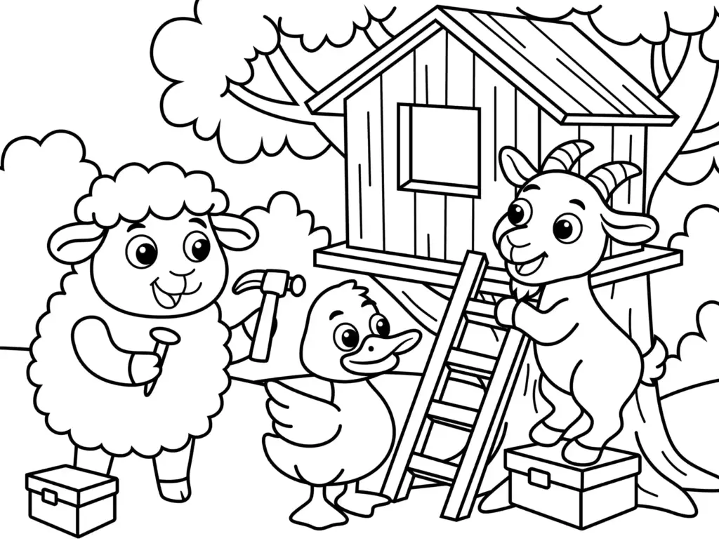 Farm Animal Coloring Pages – Sheep, Duck, and Goat Farm animal coloring page showing a sheep, duck, and goat building a treehouse