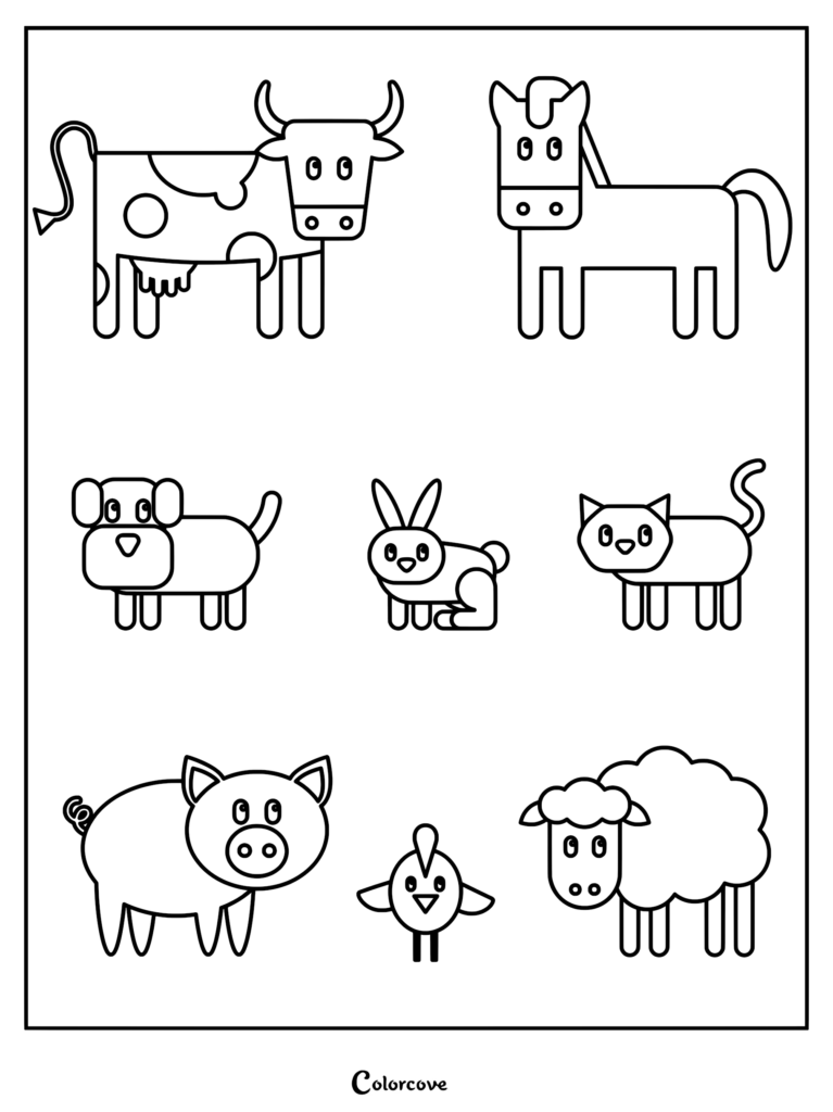 Coloring page showcasing a cow, horse, dog, rabbit, cat, pig, bird, and sheep
