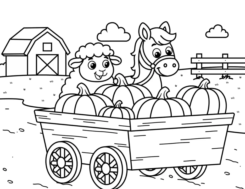 Farm Animal Coloring Pages – Sheep and Horse Sheep and horse pulling a cart filled with pumpkins on a farm coloring page