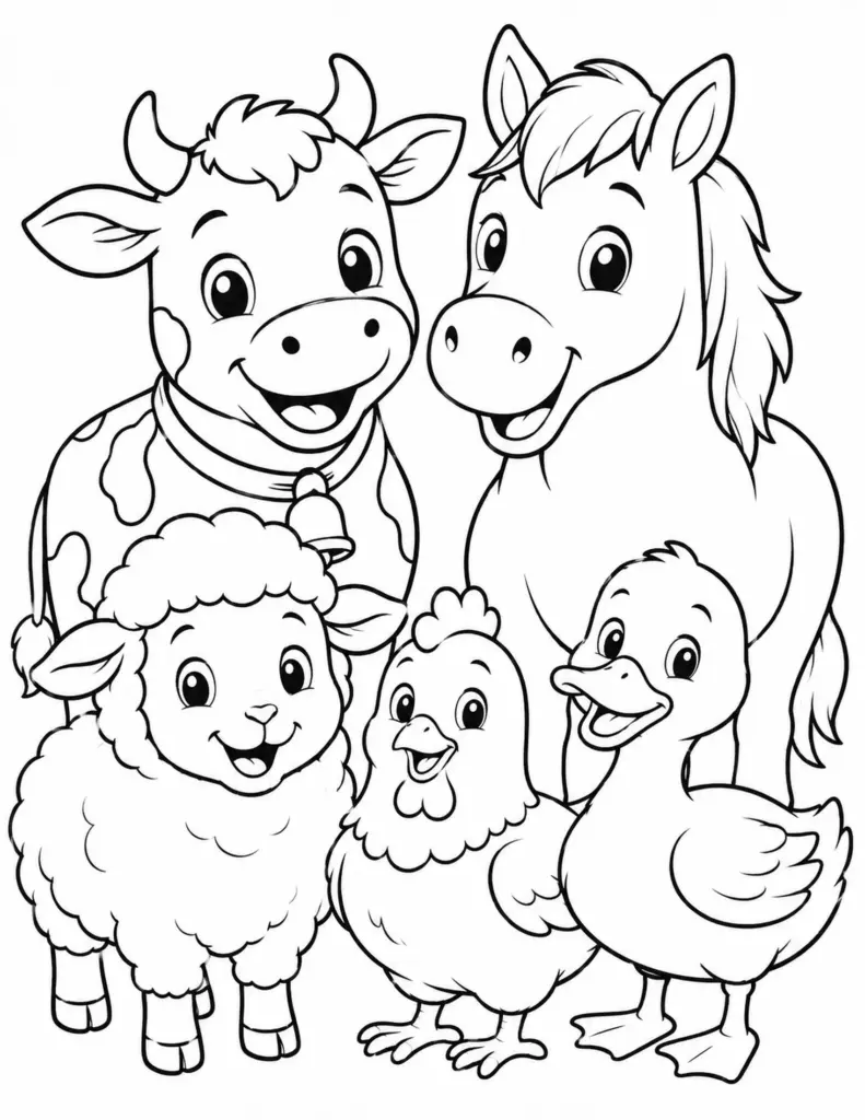 Coloring page of happy farm animals including a cow, horse, sheep, chicken, and duck