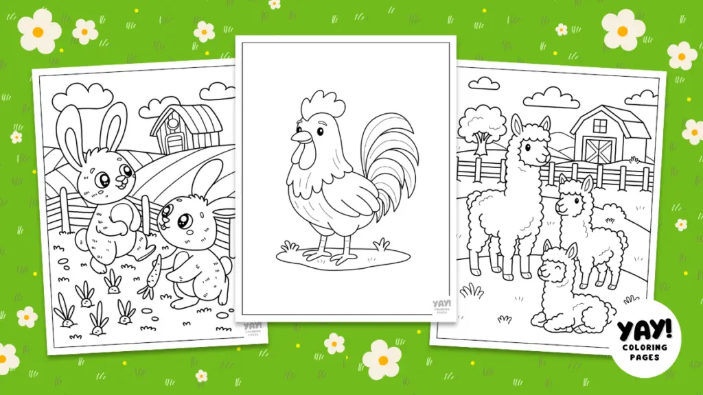 Coloring pages featuring a rooster and playful farm animals in a vibrant outdoor setting