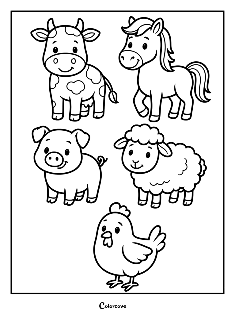 Farm Animal Coloring Pages For Preschoolers – Fun and Engaging Designs Colorful farm animal coloring pages for preschoolers featuring a cow, horse, pig, sheep, and chicken