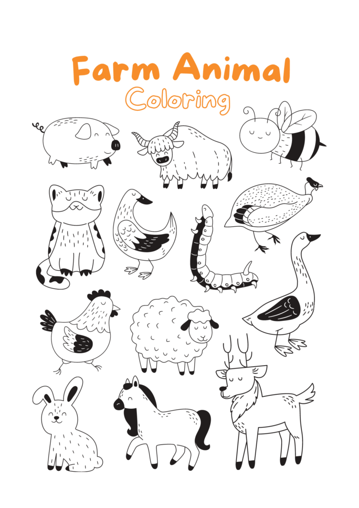 A collection of cute farm animals for coloring, featuring a pig, sheep, and more. Farm Animal Coloring Pages Free