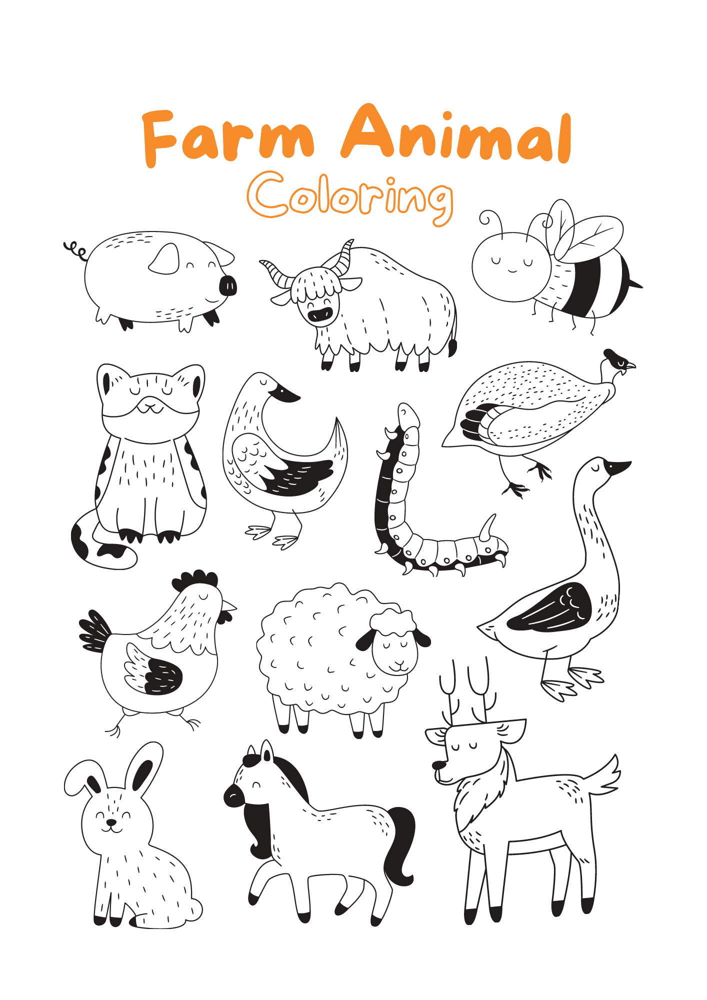 A collection of cute farm animals for coloring, featuring a pig, sheep, and more. Farm Animal Coloring Pages Free