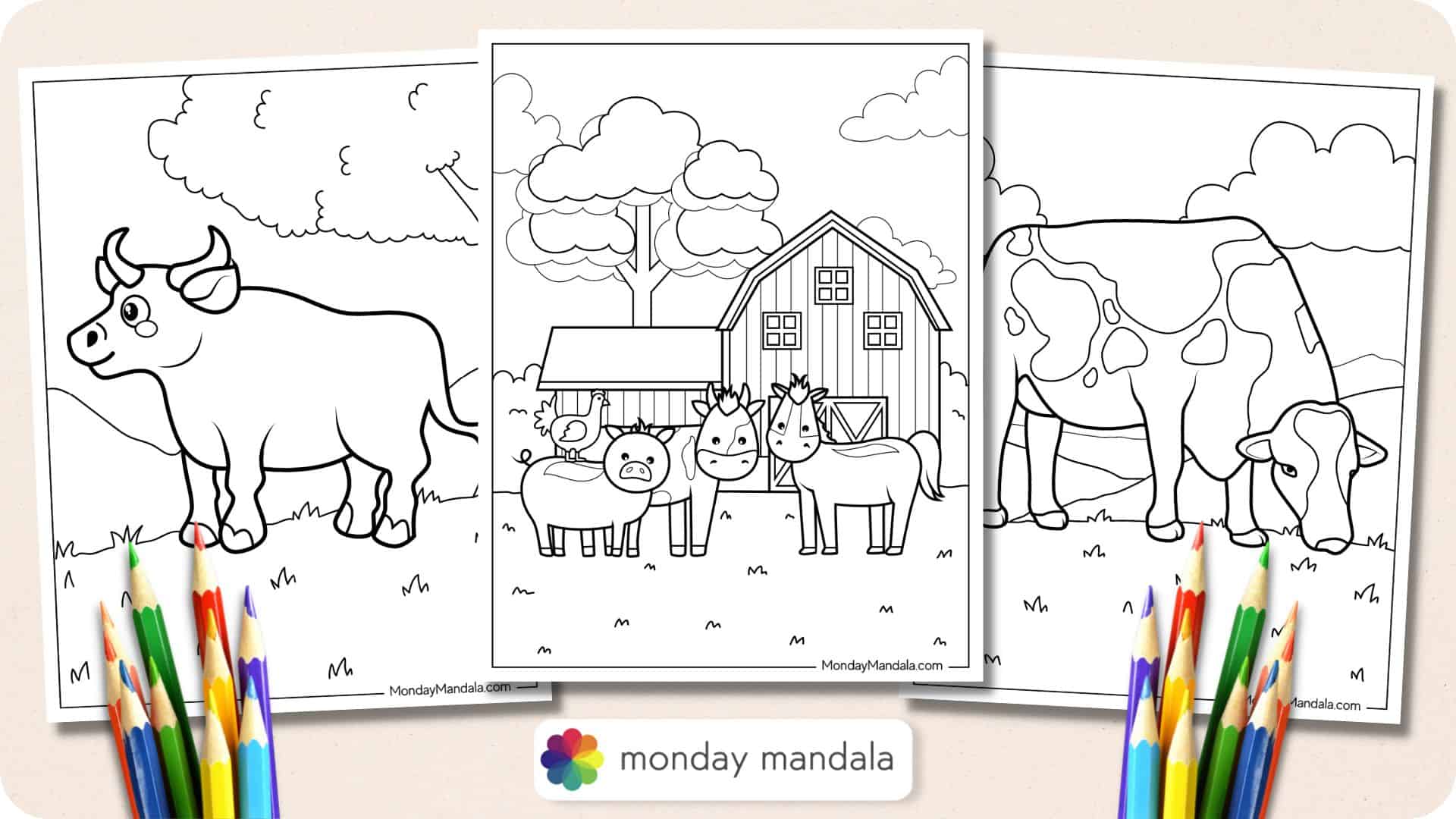 Free printable Farm Animal Colouring Pages Free featuring a cow, barn, and farm animals to color