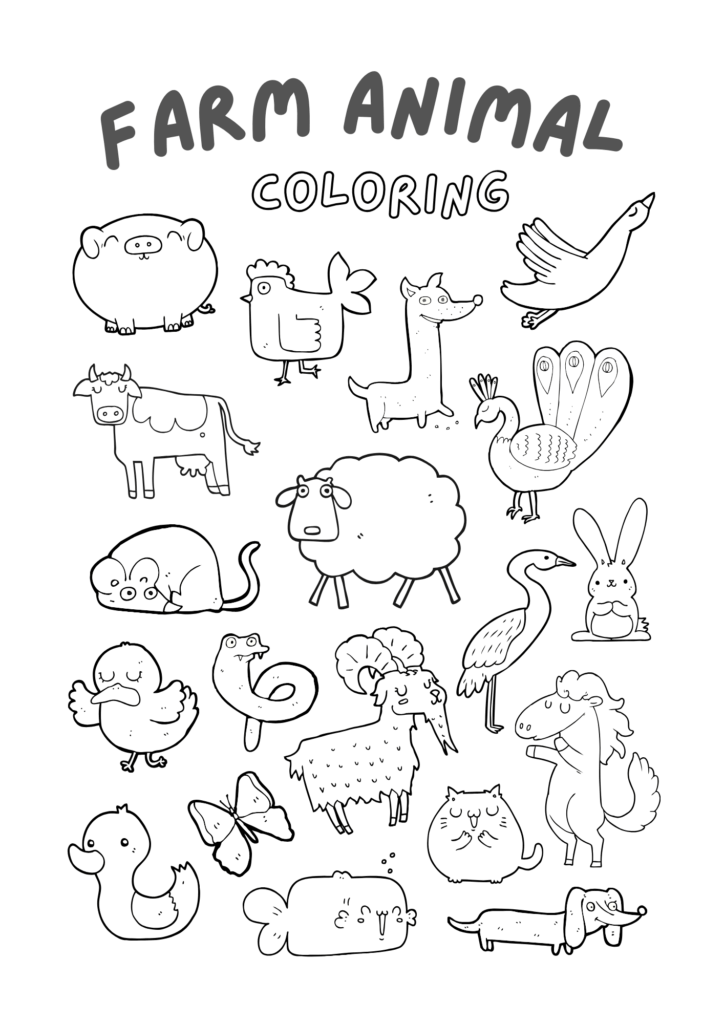 Farm Animals Coloring Page – Various Animals A collection of farm animals including a cow, sheep, and more for coloring