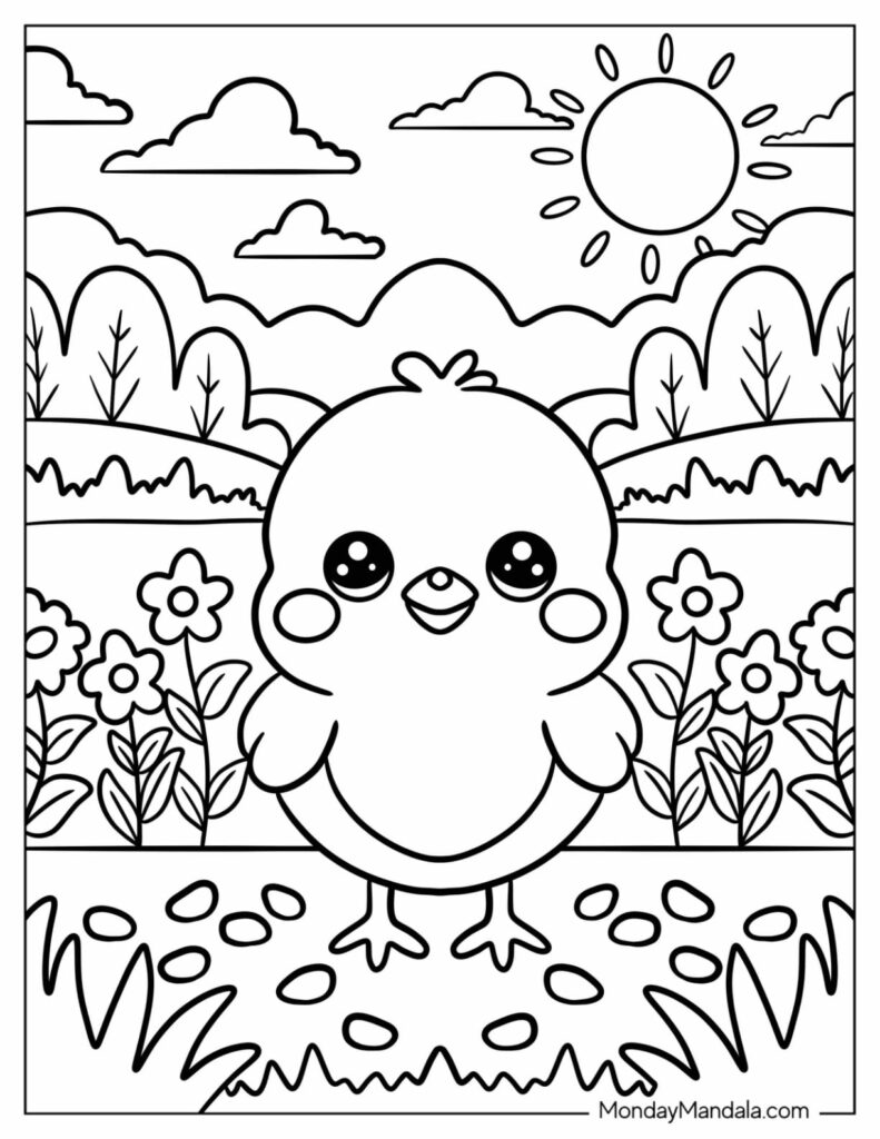 Cute chick coloring page surrounded by flowers and a sunny landscape