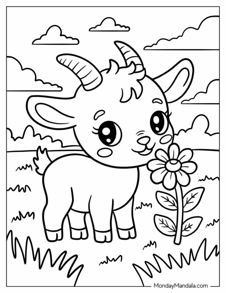Cute Goat Coloring Page for Kids A cute goat coloring page for preschoolers holding a flower in a grassy field