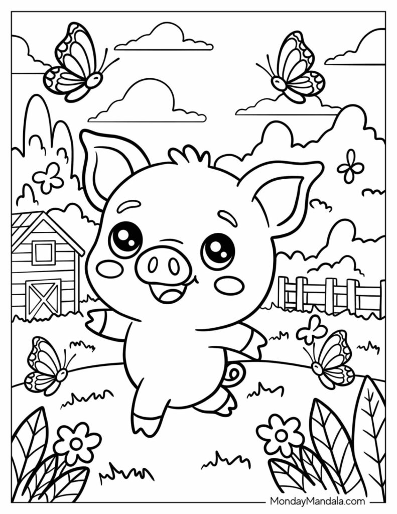 Playful Pig Coloring Page for Kids A playful pig coloring page with butterflies and flowers in a farm setting