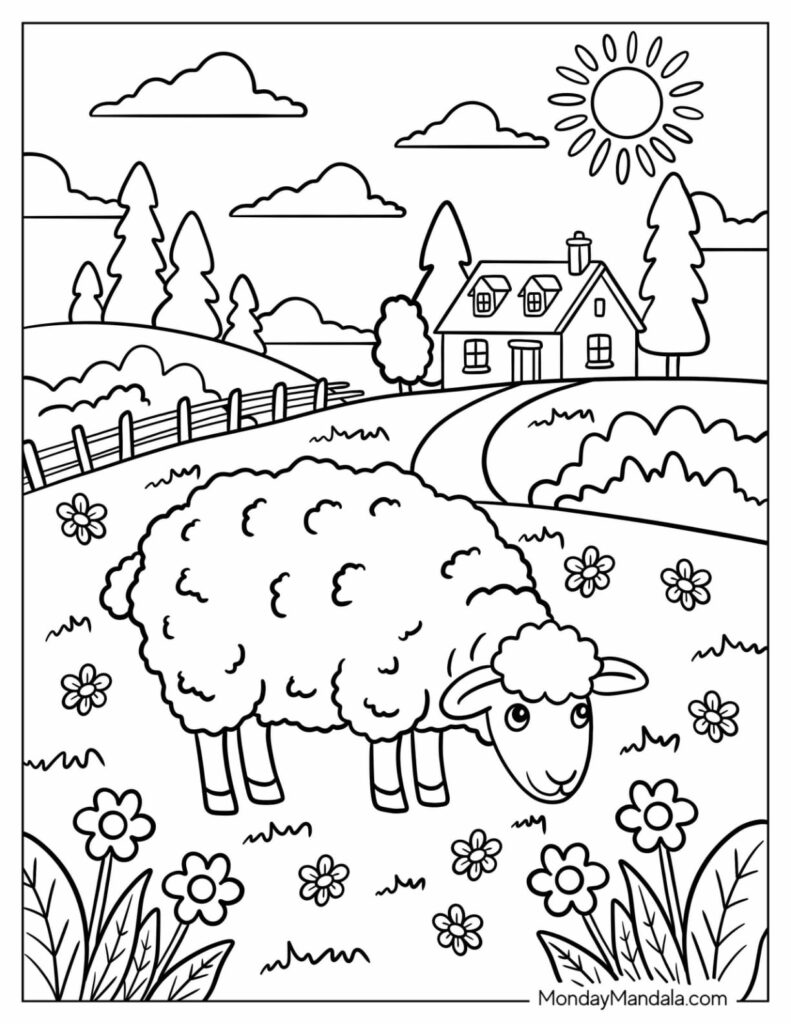 A cute sheep grazing in a sunny farm scene with flowers and a house