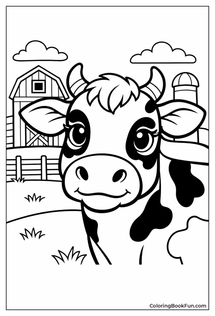 Farm Animals Coloring Pages A cute cow in front of a barn and fence on a farm coloring page