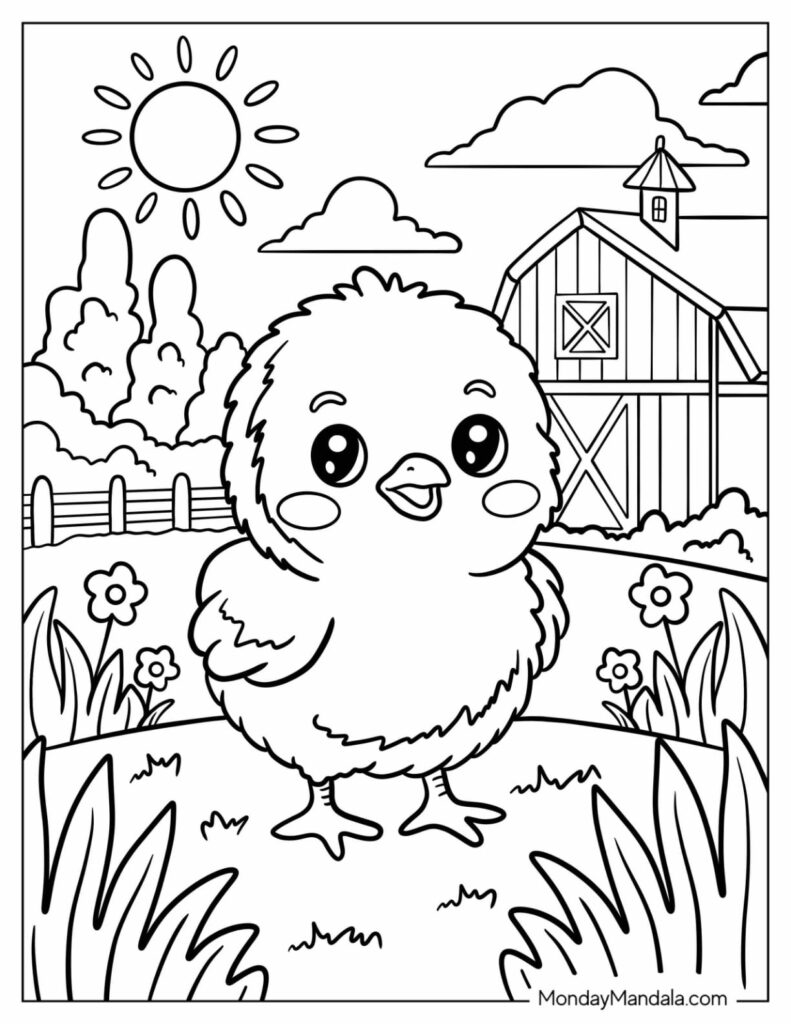 Farm Animals Coloring Pages – Chick Coloring Page Coloring page of a cute chick in a farm setting